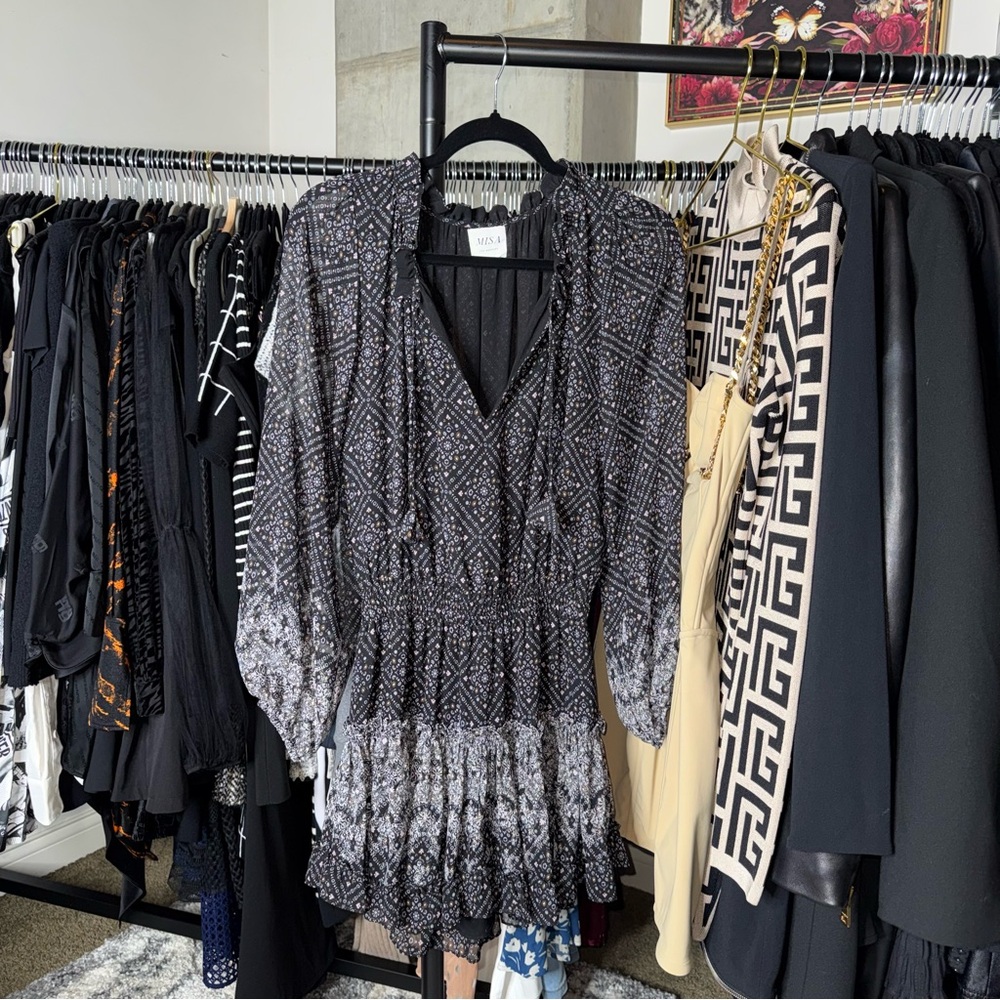 MISA Los Angeles Lorena Black Print Ruffle Mini Dress Womens Small EUC $370